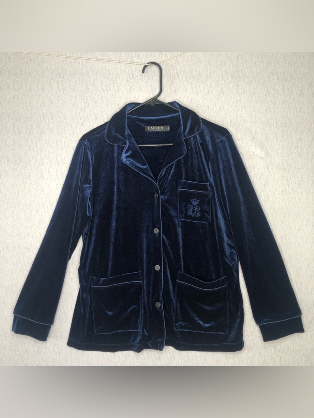 Lauren Ralph Lauren Navy Velvet Button-Front Pajama Top Women’s Size S Crest